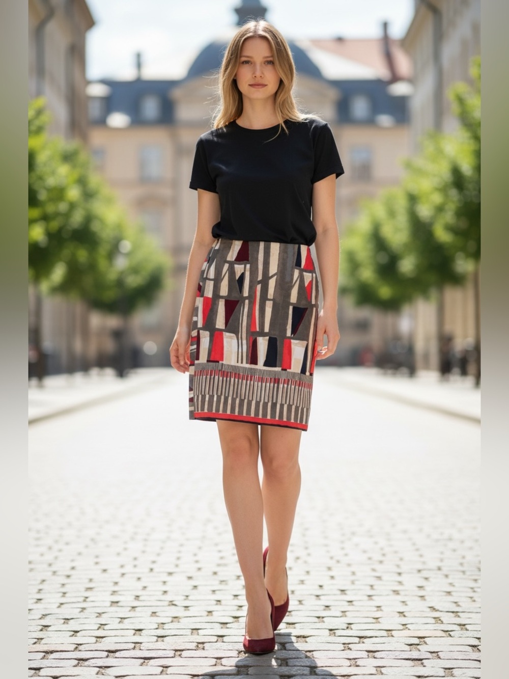 NIC+ZOE Geometric Pencil Skirt 8 Red Black Cream Stretch Modern Workwear
